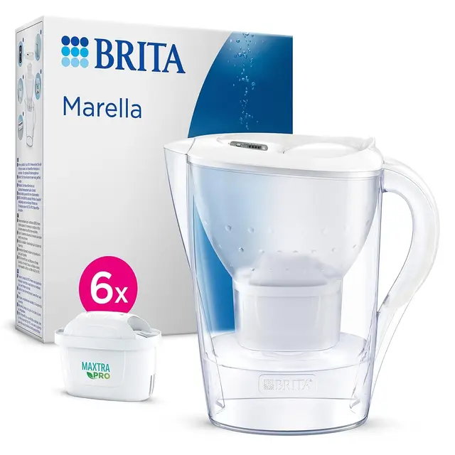BRITA Jarra con Filtro de Agua Marella Blanca (2,4 l) Incl. 6x Cartucho MAXTRA PRO All-in-1 - jarra adaptable al frigorífico con LTI digital y tapa abatible que reduce cloro, cal e impurezas.