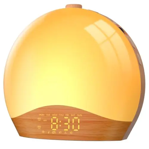 LIORQUE Despertador Luz Natural, Despertador Amanecer Simulación de Amanecer con Radio, 9 Colores de Iluminación Dinámicos y 20 Niveles Brillo, 2 Alarmas y Snooze, Modo Fin de Semana (Color Madera)