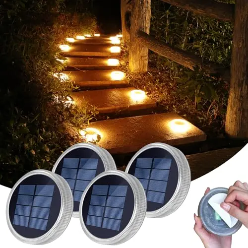 YiLaie Luces Solares Crepusculares Exterior Jardín 24 LED, 11cm Baliza Solar Suelo Circular Adhesiva Iluminación 360°, IP68 Impermeable para Camino, Parking, Escalera, Acera, Blanco Cálido (4 Pack)