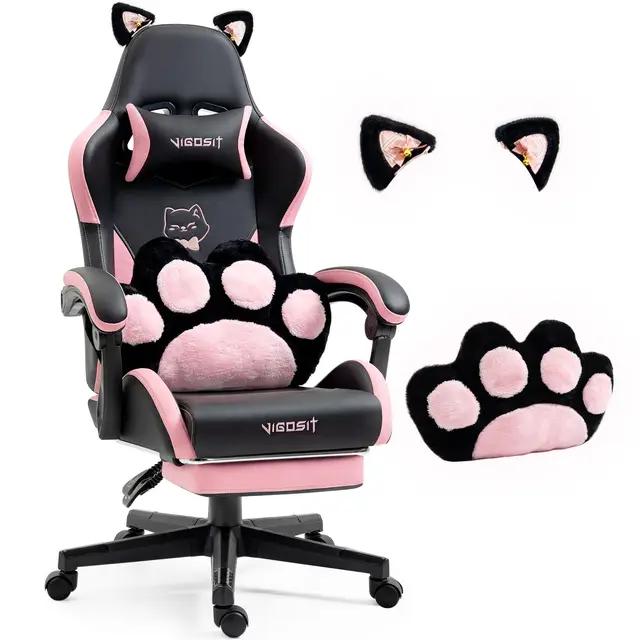 Vigosit Silla de Juegos Linda con Orejas y Almohada Kawaii, Silla de Juego para Computadora Ergonómica para Niñas con Soporte Lumbar y Reposapiés, Silla de Juego para PC Cómoda y Reclinable para