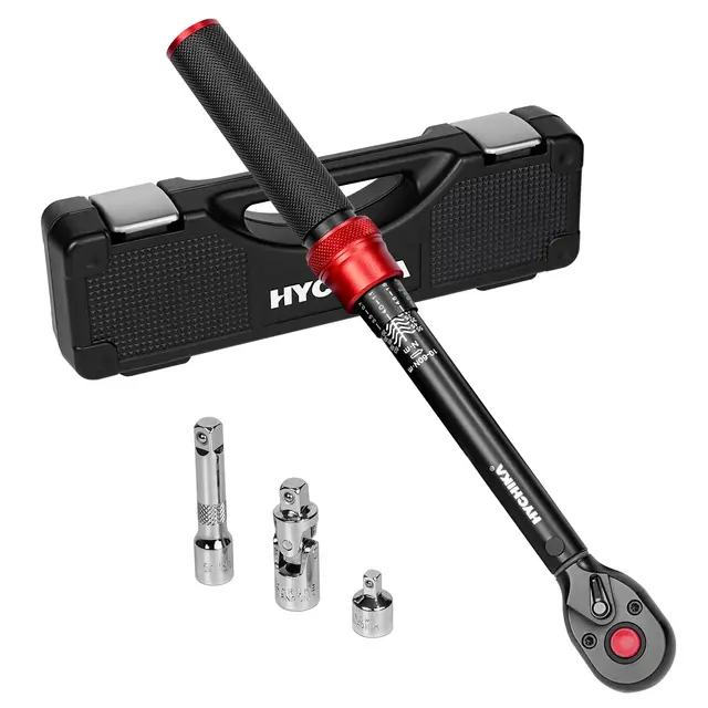 HYCHIKA Llave Dinamométrica, 3/8 de Pulgada 10-60Nm, Precisión ±2%, 72 Dientes, Dinamometrica con Adaptador de 3/8 a 1/4, Junta Universal, Barra de Extensión de 75mm para Coche, Moto, Bicicleta