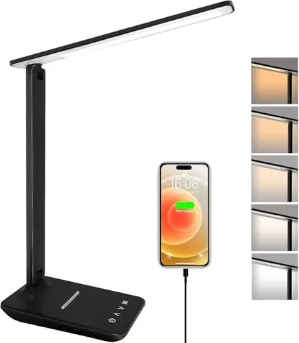 lámpara Led Escritorio, Flexo de Escritorio con luz nocturna, lampara de escritorio con control táctil, Puerto de carga USB, 5 niveles de luminosidad 5 modos (negro)