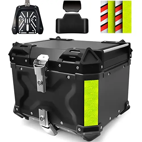 VOKKA Baul Moto, 45L Aleación de Aluminio Baúl para Motocicleta, Impermeable, Antipolvo y Antirrobo, Maleta Moto para Almacenamiento Casco, con Respaldo y Placa de Montaje (Negro)