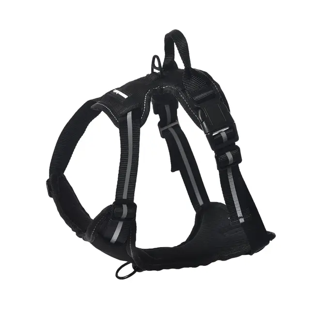 Amazon Basics Arnés para perro con diseño sin tirones, ajustable, suave, acolchado, chaleco, con tiras reflectantes, tamaño Medio, Color negro