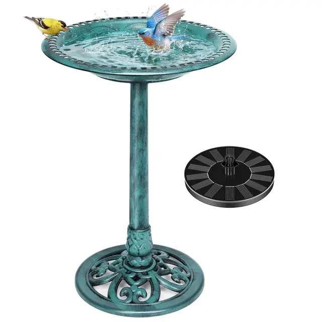 VIVOHOME Baño para Pájaros de Poliresina con Fuente Solar 2 en 1 Baño para Pájaros Antiguo para Jardín al Aire Libre Cuenco para Beber y Comer Pájaros Silvestres