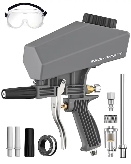 Kit de pistola de chorro de arena portátil InoKraft con separador de aceite-agua y boquilla de extensión, mini pistola de chorro de arena para eliminar óxido y pintura, compatible con óxido de