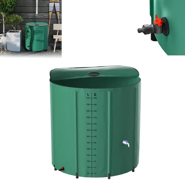 Froadp Tanque de agua de lluvia plegable de 750 litros con tapa y escala, lona mate, depósito de agua para riego de jardín, depósito de agua para riego de jardín, barril de agua de lluvia, incluye