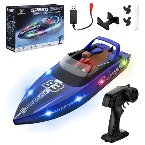Barco Teledirigido Barco RC con luz LED 15 KM/H Control Remoto 2,4 GHz Bote De Carreras Rápido para Niños Juguete de Piscina Bote Eléctrico para Mares Piscinas Lagos (Azul)