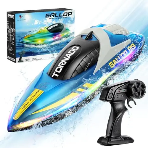 HOTUT Barco Teledirigido, 2.4GHZ Barco de Control Remoto con 2 Baterías Recargables, Luces LED, para Regalo para Niños,Niñas y Adultos