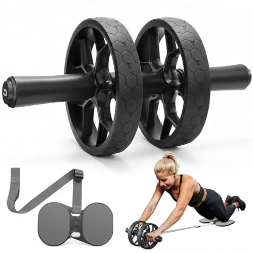 auvstar Rueda Abdominal Hombres y Mujeres, Fitness con Bandas Elásticas y Rodilleras, Rodillo Roller Doble Estable, Rodillo Abdominales para Casa, Gimnasio core Ejercicio Negro