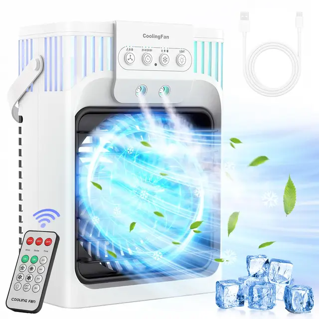 1200ml Aire Acondicionado Portatil con Mando, 5 en 1 Mini Aire Acondicionado, 3 Velocidades, 3 Modos de Nebulización, Luz de 7 Colores, Temporizador de 2-8H, Enfriador de Aire Portátil Interior