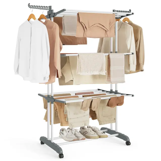 SONGMICS Tendedero, Plegable de 4 Niveles, Móvil, con Ruedas, Alas Plegables, 63,5 x 128 x 173 cm, Gran Capacidad, Montaje Fácil, Uso Interior y Exterior, Blanco LLR701W01