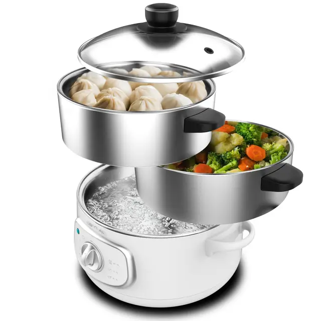 Cecotec Vaporera Eléctrica Vapovita 10L Steelpot White. 1300W, Recipientes Inoxidables: 1 Depósito + 2 Vaporeras, Tiempo Ajustable, Apagado Automático, Fácil Limpieza, Tapa Especial, Cocina Saludable