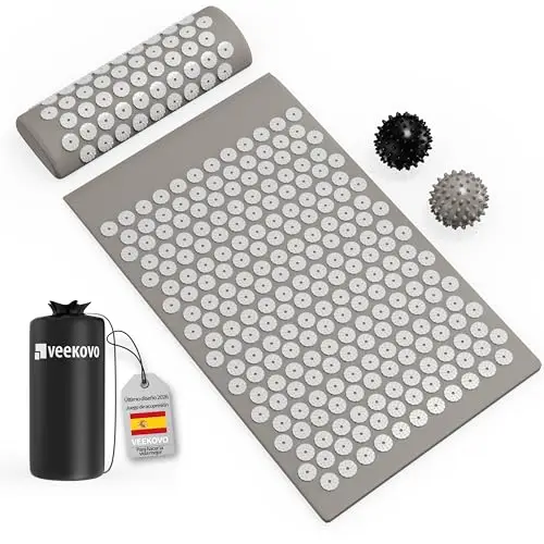 Set de Acupresión - Esterilla,Eco - Con Cojín,Bolas de Masaje y Bolsa - Almohada,Tapete de Masaje con Puntas para Alivio del Dolor,Relajación y masaje en la espalda,la cervical,los piernas (Gris)
