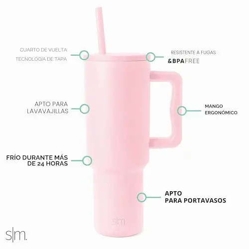 Simple Modern Vaso Térmico con Pajita y Asa| Taza Termica Café para Llevar | Botella de Agua Acero Inoxidable Aislado para café helado | Trek | 1180ml | Blush