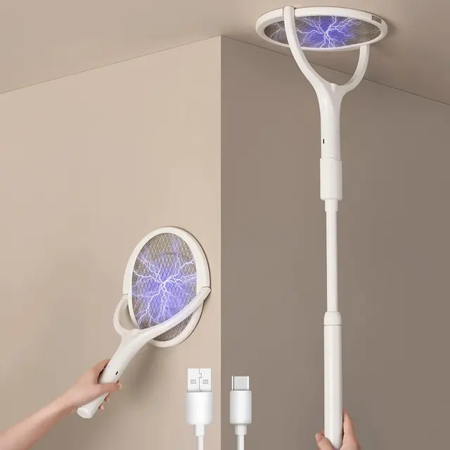 GeckoMan Cabeza Giratoria Raqueta Mosquitos Eléctrica Recargable Raqueta Matamoscas Eléctrica Matamoscas Eléctrico Mata Moscas, con una Extensión Telescópica