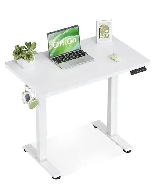 OffiGo Escritorio Elevable, 80 cm Escritorio Pequeño con 3 Memorias de Altura, Mesa Elevable Electrico para Estaciones de Trabajo en Casa, Mesa Ordenador Compacta para Espacios Pequeños, Blanco