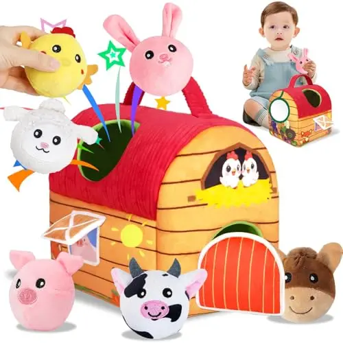 Juguetes Bebes 6-12 Meses, Juguetes Montessori para Bebés, Juguete Sensorial de Granja con Animales de Peluche Suaves y Espejo, Regalo para Niños y Niñas de 3 6 9 12 Meses