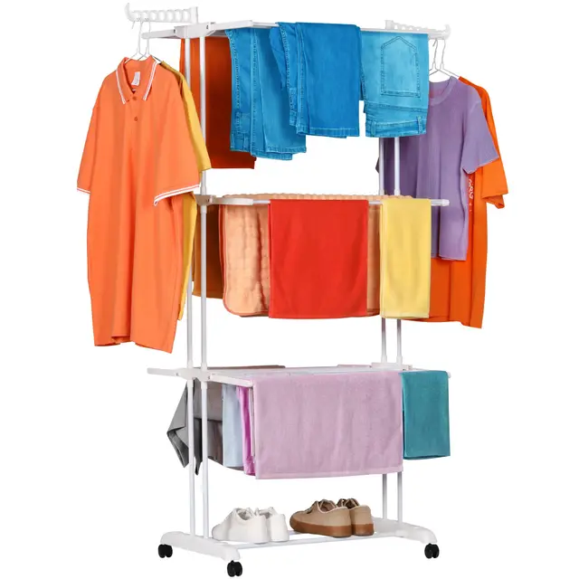 NK Tendedero Vertical Plegable con 4 Niveles - 6 Bandejas Retráctiles + 2 Alas Laterales con Soporte Perchas + Zapatero, Ruedas 360° (19m Ropa) (Blanco)