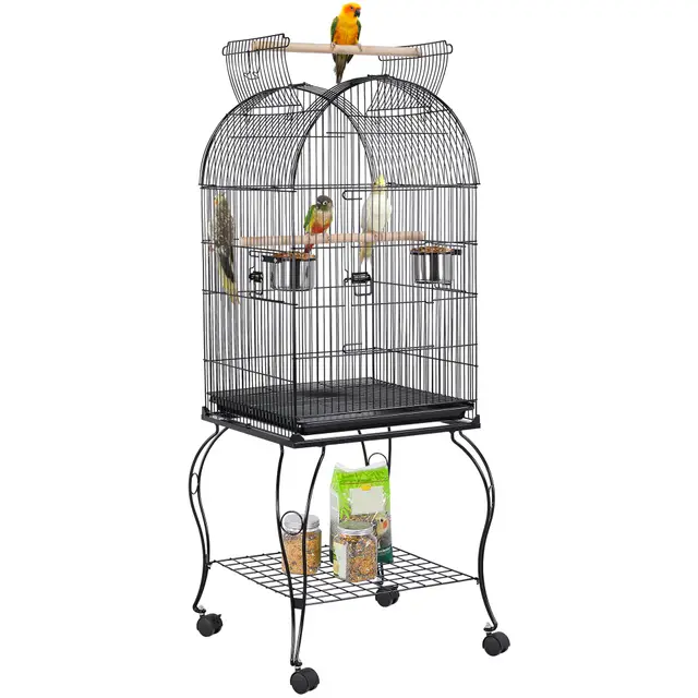 Yaheetech Jaula de Pájaros Jaula con Ruedas Jaula para Loros Canarios Jaula con Perchas para Pájaros 59 x 59 x 150 cm - Metal - Negro