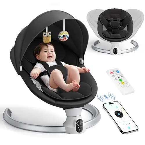 Hamacas Bebé Electrica - APP & Control Remoto Baby Bouncer, Hamaca Bebe Acolchado Suave con 3 Temporizadores, 5 Velocidades de Columpio, 10 Músicas, Mecedora Bebe Bluetooth (APP Negro)