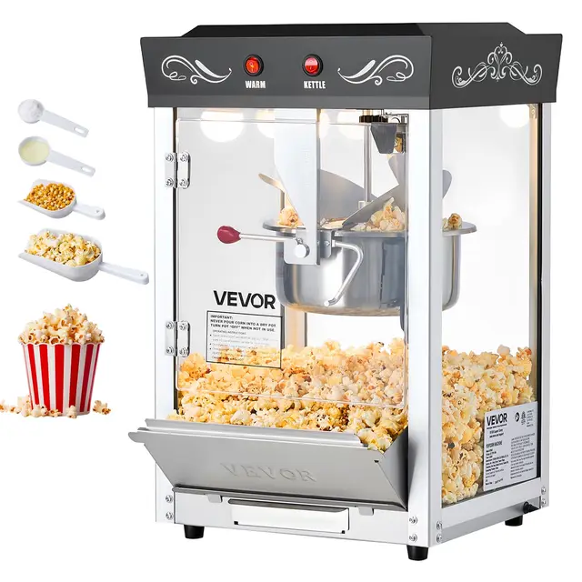 VEVOR Máquina de Palomitas con Hervidor de Acero Inoxidable, 800 W, 48 Tazas, Estilo Cine, con 2 Botones de Control, Pared de Cristal, Puerta de Policarbonato, 1 Cucharada y 3 Cucharas, Negro