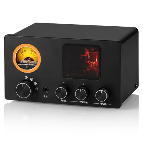 Preamplificador de válvulas Douk Audio TUBE-T5C: Amplificador de auriculares con medidor VU, selector RCA de 4 vías y control de sonido para receptor, amplificador, altavoz y auriculares de 16-600 Ω.
