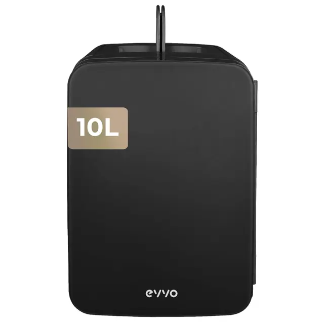 EVVO Nevera Mini F10 (Negro), 10 L, Silenciosa, Compacta, para Bebidas, Snacks y Cosmética, Bajo Consumo, Diseño Moderno