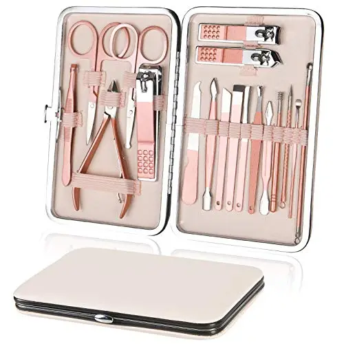 URAQT Manicura Pedicura Set, 18 Piezas Cortaúñas, Tijeras de Uñas con Herramientas Remover Cutícula, Acero Inoxidable, Profesional Cortaúñas para Viajes y hogar, con Caja de Cuero, Oro rosa