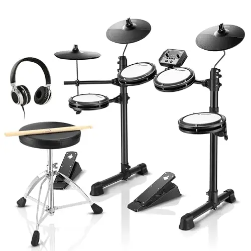 Donner DED-80 Batería Electrónica Musical de 7 Piezas con Parches de Malla,180 sonidos,Drum Throne, Headphone, Sticks,Kids Christmas Birthday Gift, 40 Melodics Lessons