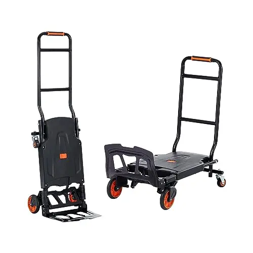 VEVOR Carretilla de Mano Plegable de Metal Carro de Mano 2 en 1 Carretilla de Transporte Plegable con Plataforma Carga de 136 kg Ruedas de Goma para Transporte de Mercancías de Almacén Supermercado