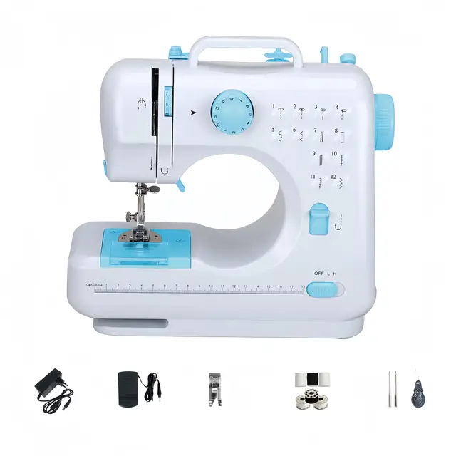 Máquina de Coser Eléctrica Doméstica Con 12 Puntadas, Doble Hilo Para Niños y Principiantes (Azul)