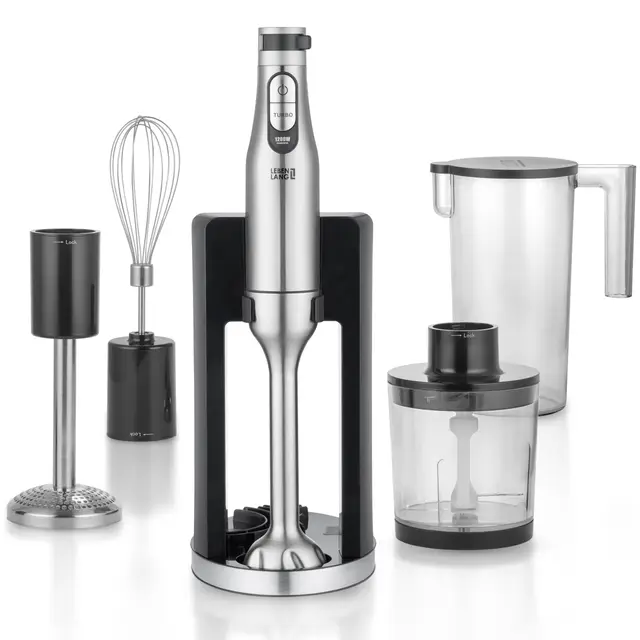 LEBENLANG Premium Set Batidora mano 1200w - Incl. 5x accesorios & protector contra salpicaduras I Infinitamente ajustable & turbo I Trituradora de alimentos Minipimer Blender Batidoras brazo Mixer