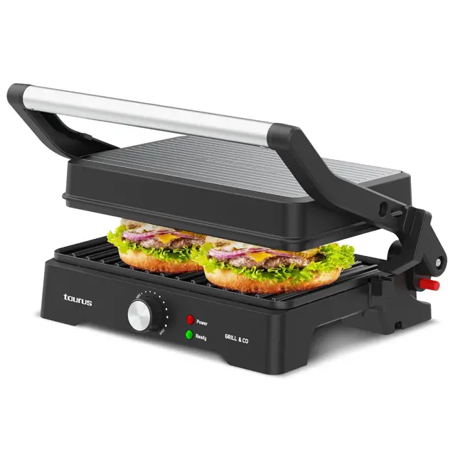 Taurus - Sandwicher Grill&Co GR1500X | 1500W | Placas Antiadherentes 27.5 x 17.3 cm | Tapa Basculante 180º | Termostato Regulable | Base Antideslizante | Bandeja Recoge Grasas
