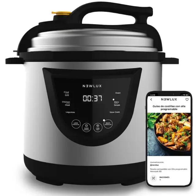 NEWLUX - Olla a Presión Programable 6L V110. Eléctrica de INOX, 10 Menús, 1000W, 24 h, Preserva el Calor, Efecto Presurización, Sistema Duopresión, Cubeta 100% Antiadherente, Acero inoxidable