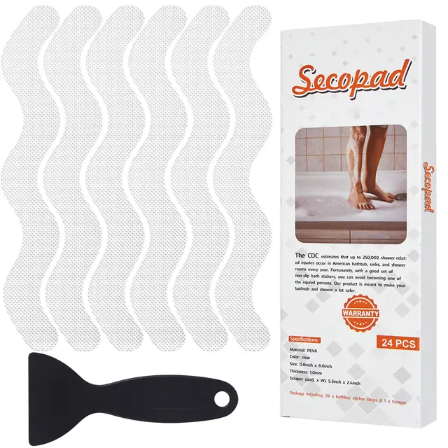 Secopad Pegatinas Antideslizantes para Ducha, 24 unidades, Tiras Adhesivas de Seguridad para Bañera, Ducha, Escaleras, Raspador Incluida (Transparente)