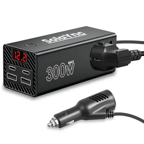 300W Convertidor de tensión para vehículos de 12 V/24 V a 230 V, con enchufes internacionales y Pantalla LED, 2 Puertos USB-A y 2 Puertos USB-C, Apto para Coches, Barcos y caravanas.