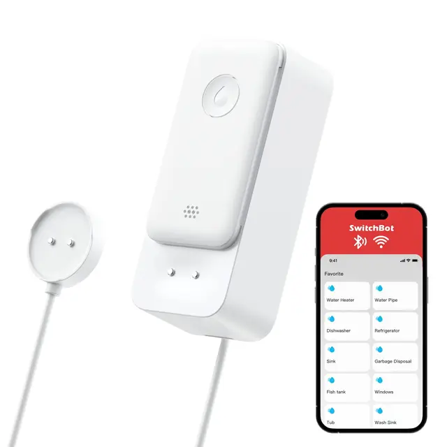 SwitchBot WiFi Sensor de Agua, Detector Inteligente de Fugas de Agua, 100dB Alertas Ajustables y de App, IP67 Impermeable, Detector Inalámbrico para Cocina, Baño, Sótano (Detector with Cable 1Pack)