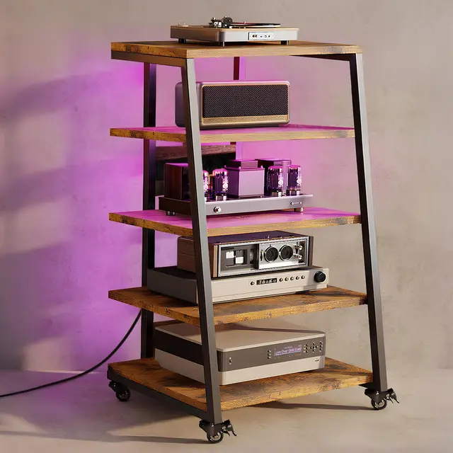 Estante de 5 niveles HiFi con ruedas, tocadiscos, mesa con regletas, luces LED, estante ajustable de madera, soporte para medios HiFi para sistemas de audio, estéreo, 60 x 52 x 110 cm