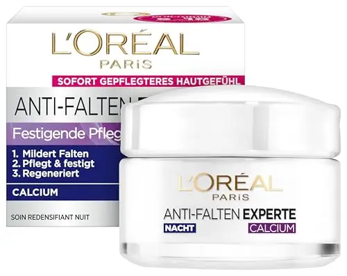 L'Oréal Paris, Crema de noche hidratante facial, Antiedad, Crema de noche con calcio para reducir las arrugas, Antiarrugas Expert 55+, 1 x 50ml