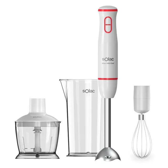 Solac - Batidora de mano Mixo 1000 Chef | 2 Velocidades + Función Turbo | Varilla y Cuchillas de Acero Inoxidable | 1000W de potencia | Apto para lavavajillas | Set completo de Accesorios