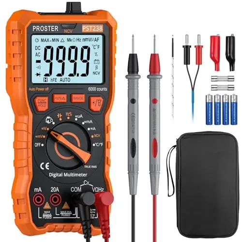 Proster Multímetro Digital 6000 Cuentas NCV TRMS Polímetro Profesional Rango Automático con Pinzas Cocodrilo para Prueba de Voltaje Corriente DC/AC Resistencia Capacitancia Continuidad Temperatura