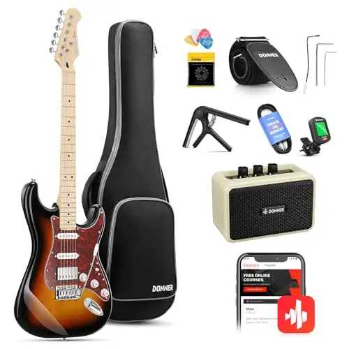 Donner Guitarra Electrica, Kit Guitarra Electrica de Tamaño Completo HSS Pickup Coil Split, Guitarras Electricas Set Adultos con Amplificador, Bolsa, Accesorios, DST-152S Sunburst