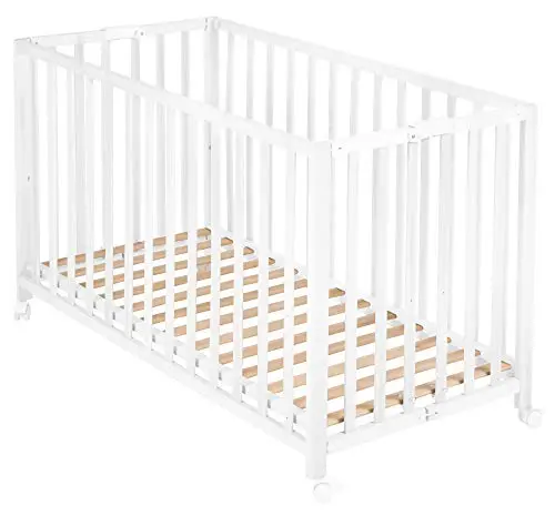 roba Baumann Cuna roba plegable 'Fold Up', cuna de 60x120 cm, cuna de madera blanca, cuna ajustable en altura a 3 posiciones, ahorra espacio y esta provista de ruedas con frenos