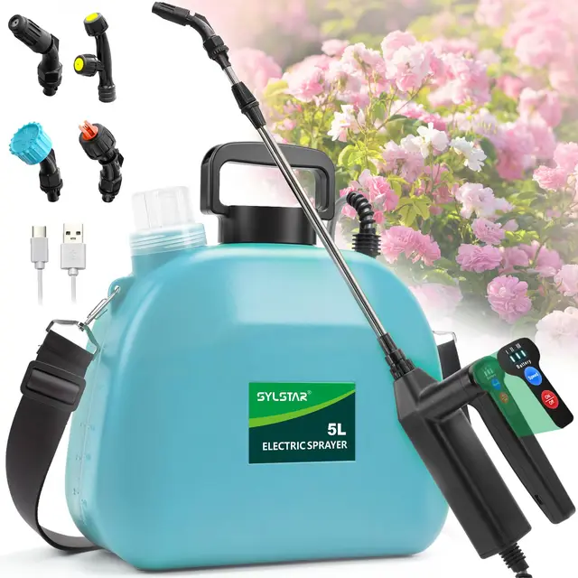 SYLSTAR Pulverizador 5 litros, 3 Velocidades Pulverizador Electrico con 3 Boquillas, 7.4V Sulfatadora Electrica a Bateria Recargable, Fumigadora Pulverizador Portátil para Jardín Huerto Riego (Azul)