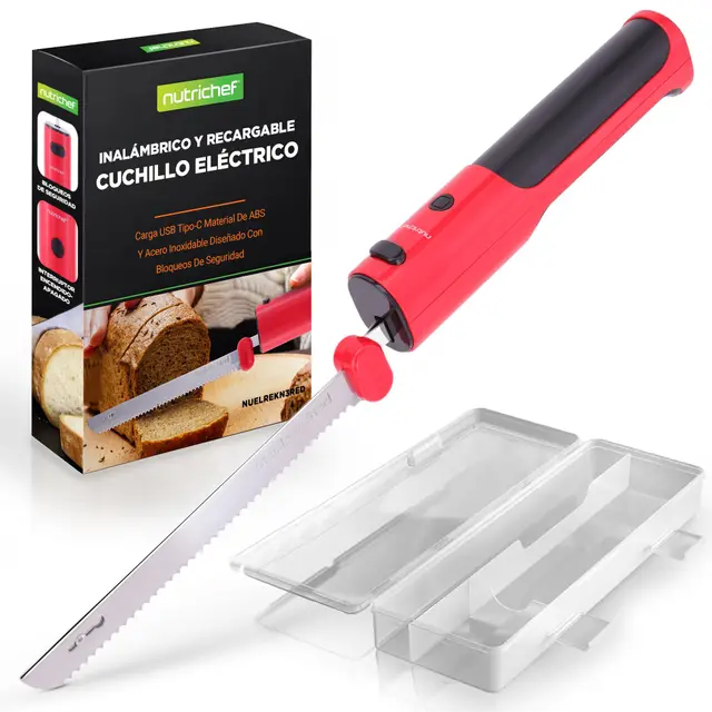 Nutrichef cuchillo jamonero electrico, Inalambrico, Funcion de encendido y apagado, Ligero, Seguro, Para jamon, Carnes, Aves, Pan y queso, Cuchillas de acero inoxidable