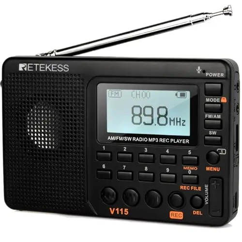 Retekess V115 Radio Portátil Pequeña, Radio a Pilas, Am FM SW, TF/USB, 3 Modos de Grabación, Tiempo de Sueño, Pantalla LCD, Radios Pequeñas Digitales con MP3 Familia, Exterior, Emergencia, Regalo