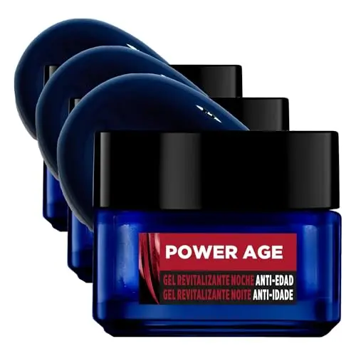 L'Oréal Men Expert Power Age Gel revitalizante de noche para hombres Anti-Edad y Anti-Arrugas, Potenciado con Ácido Hialurónico (Paquete de 3)