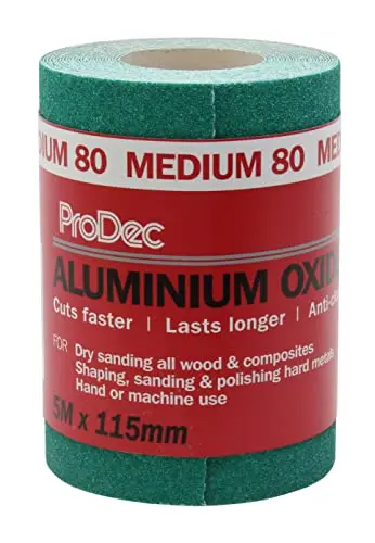 ProDec Rollo de 5 m de papel de lija abrasivo de óxido de aluminio verde de grano medio para lijar madera, pintura, yeso, masilla, metal y más, 115 mm de ancho, compatible con lijadoras a máquina
