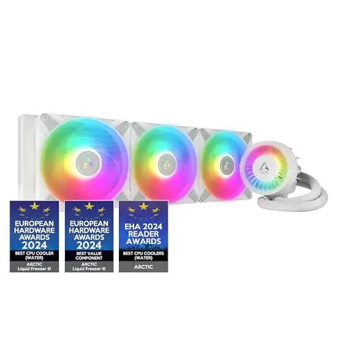 ARCTIC Liquid Freezer III 420 A-RGB - Refrigeracion Liquida PC, AIO para CPU, Intel y AMD, Bomba eficiente controlada por PWM, Ventilador: 200–1900 rpm, LGA1851 y LGA1700 Contact Frame - Blanco
